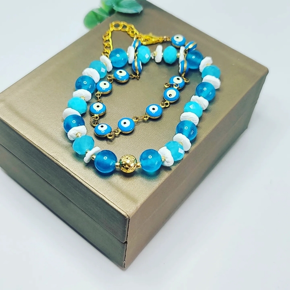 Blue agate, Mather of pearl and Evil Eye Bracelet set - Picture 3 of 3
